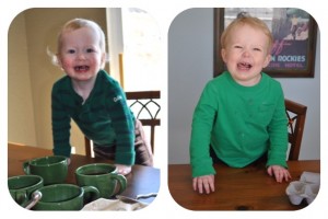 Jackson and Ryder, three years apart, dying Easter eggs.